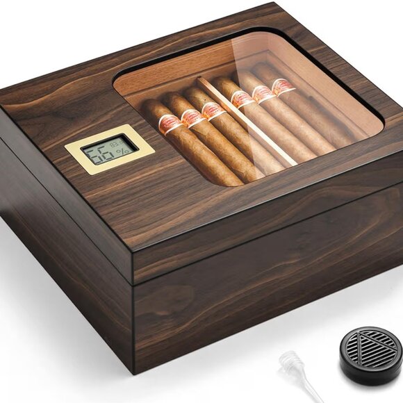 Glass Top Cedar Humidor Cigar Box with Digital Hygrometer Holds 25-50 Cigars - Picture 1 of 4
